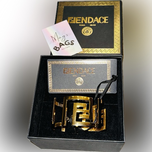 Versace x Fendi: FF Bangle Jumbo Logo Wide Gold Bracelet - Picture 7 of 16